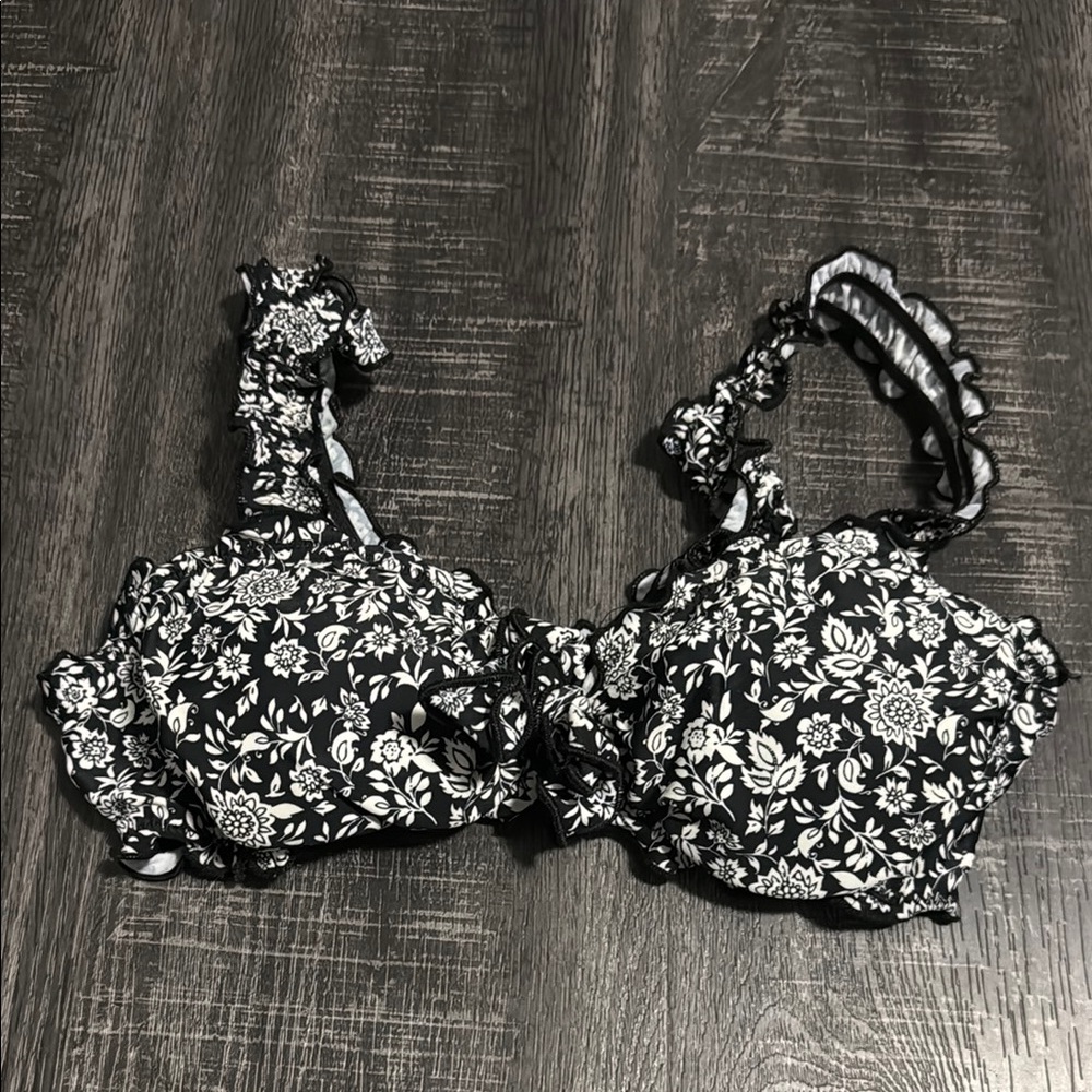 Floral Black and White Bikini Top